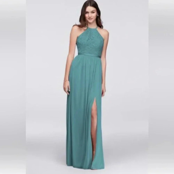 David's Bridal Dresses & Skirts - [10]Davids Bridal High Neck Laced Open Back Teal Green Bridesmaid Wedding Dresse